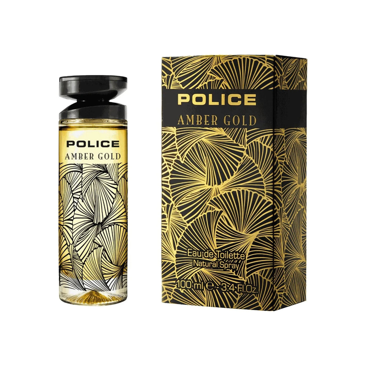 Refect Beauty Police Amber Gold eau de toilette bottle and box with black and gold ginkgo leaf pattern