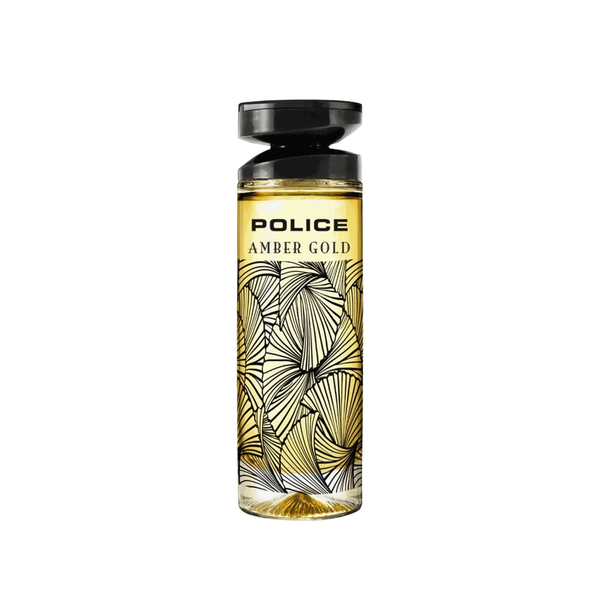 Refect Beauty Police Amber Gold eau de toilette in a cylindrical glass bottle with a black cap and gold floral design.