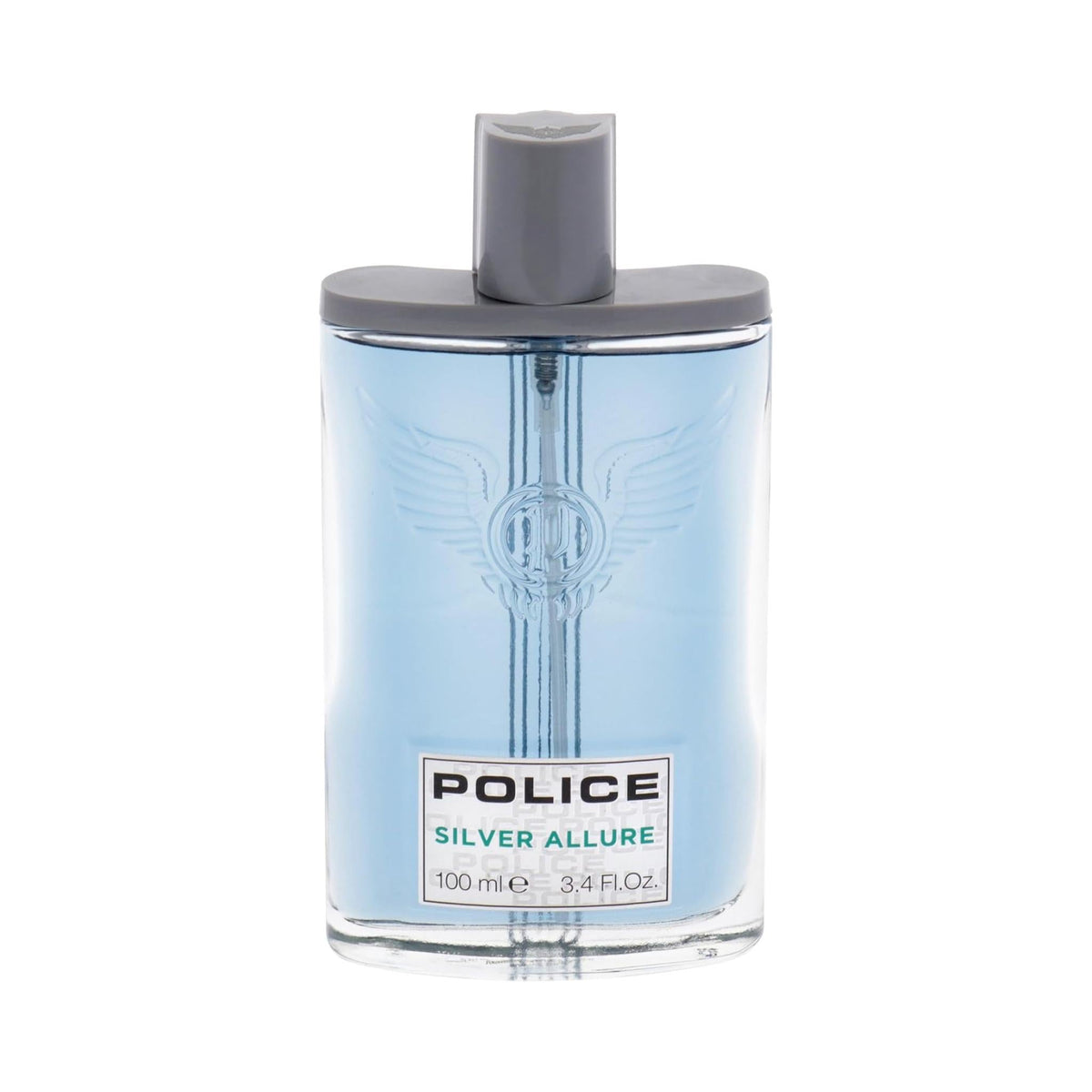 Refect Beauty Police Silver Allure Eau de Toilette in a clear glass bottle with light blue fragrance and grey cap