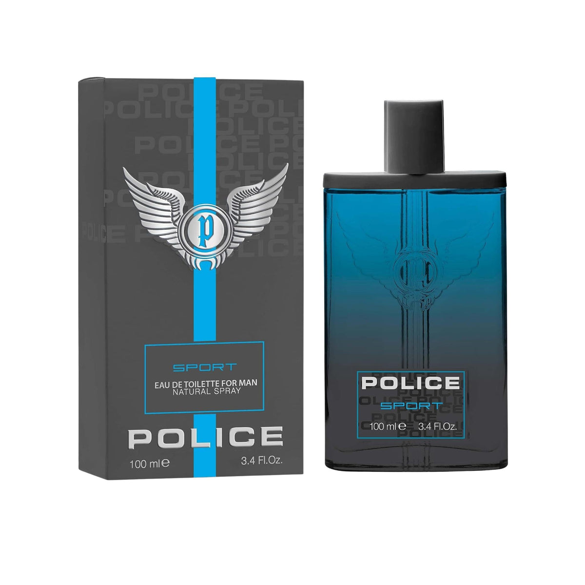 Refect Beauty Police Sport Eau de Toilette for men in a blue glass bottle with matching grey and blue packaging.