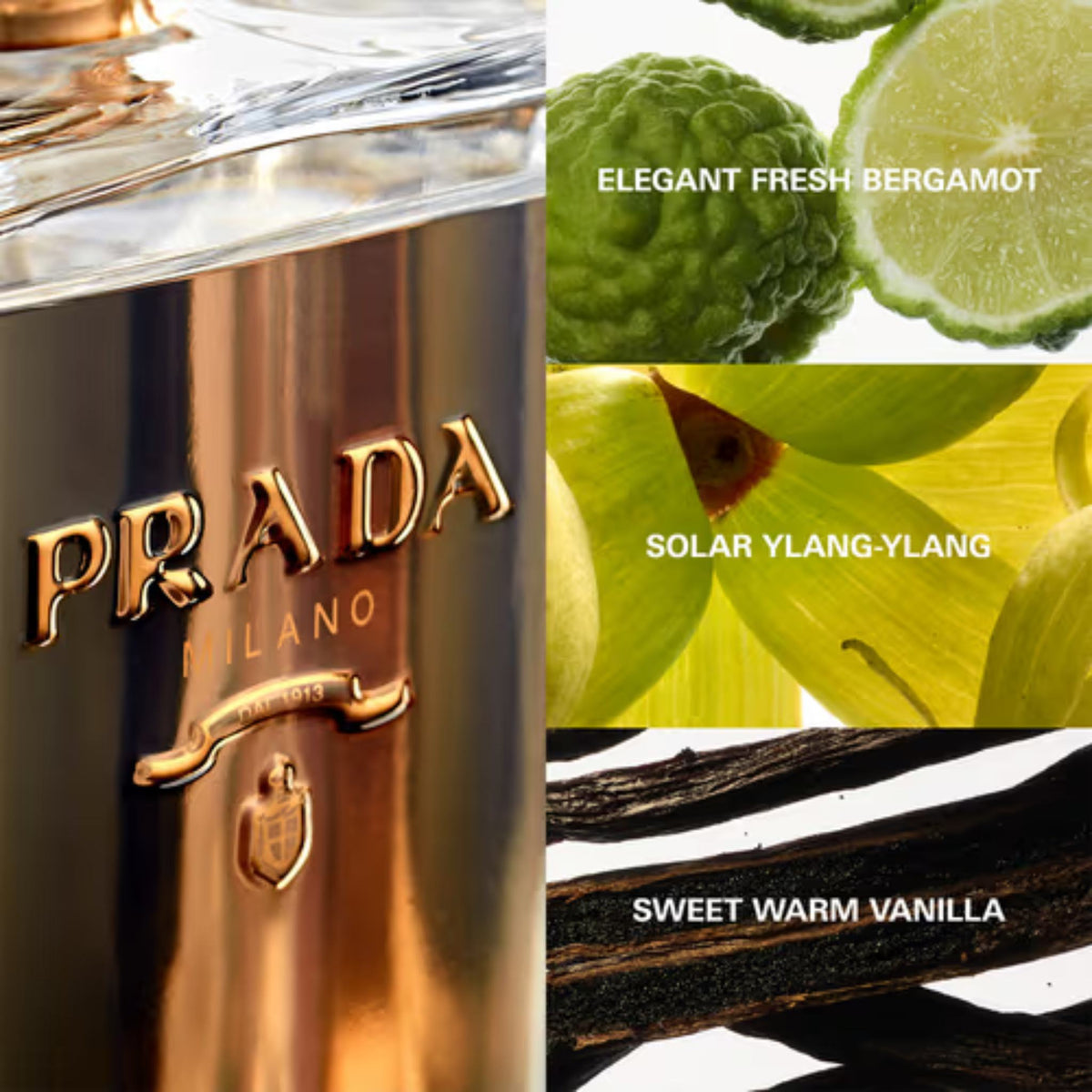 Refect Beauty Prada La Femme Intense perfume bottle with bergamot, ylang-ylang, and vanilla ingredient highlights