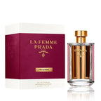 Refect Beauty Prada La Femme Intense Eau de Parfum bottle and box with deep burgundy and gold metallic accents