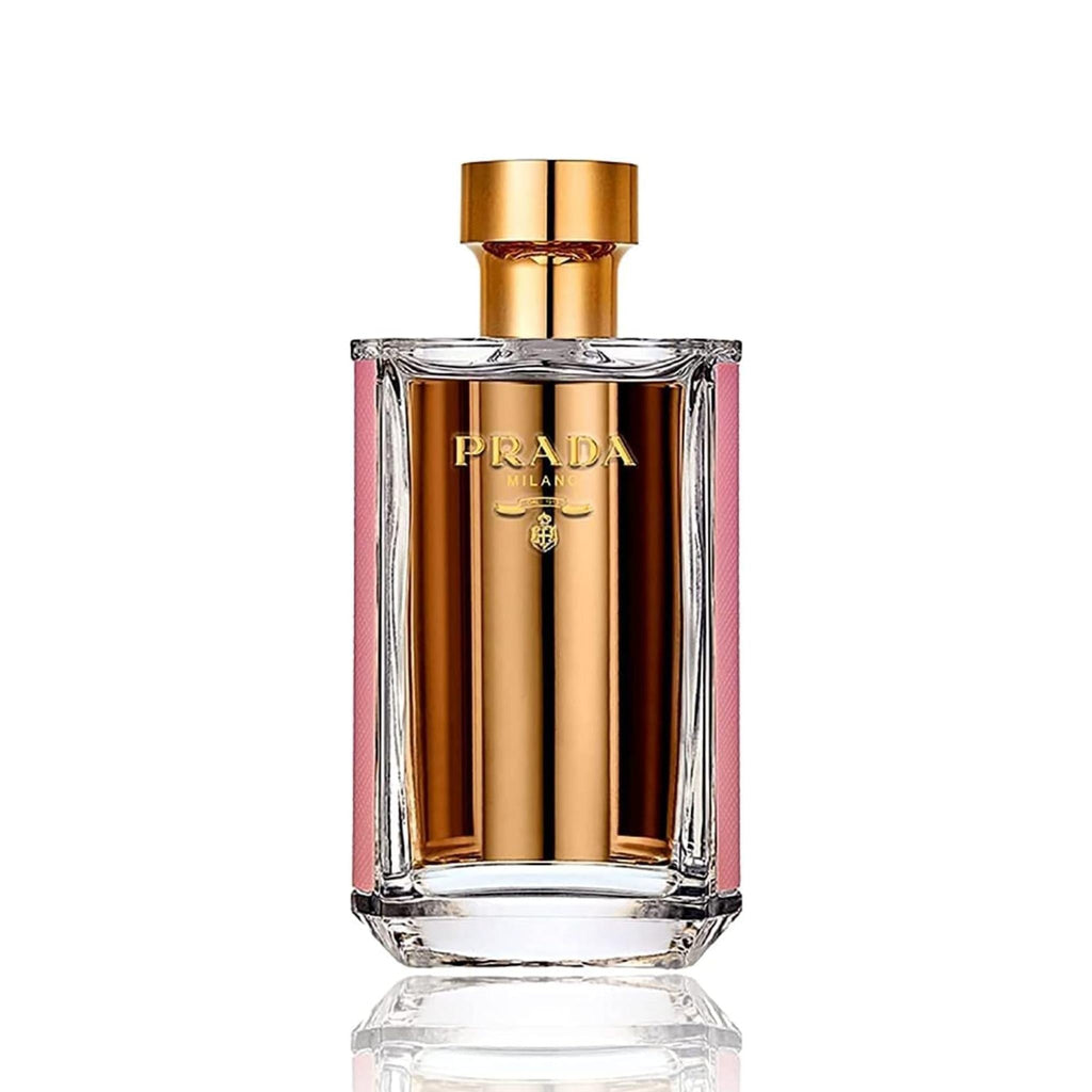 Refect Beauty Prada La Femme Intense Eau de Parfum in a rectangular glass bottle with gold accents and pink trim.