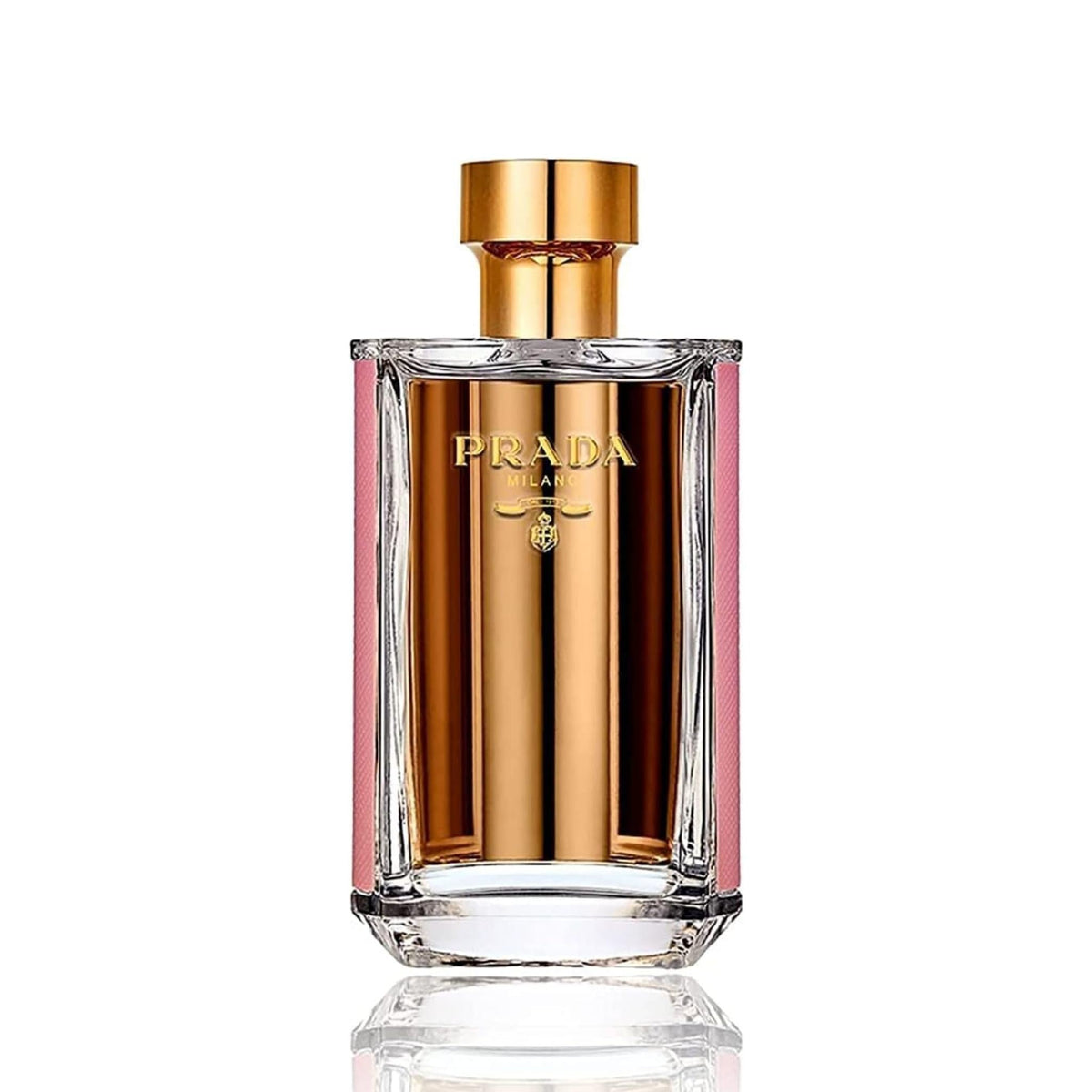 Refect Beauty Prada La Femme Intense Eau de Parfum in a rectangular glass bottle with gold accents and pink trim.