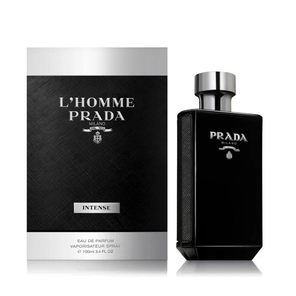 Refect Beauty Prada L'Homme Intense Eau de Parfum bottle and box featuring a sophisticated black and silver design.