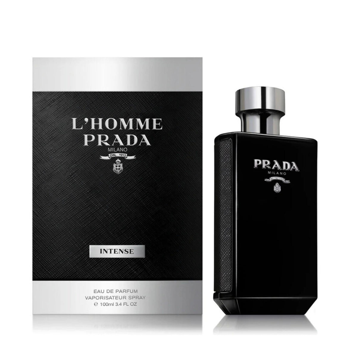 Refect Beauty Prada L'Homme Intense Eau de Parfum bottle and box featuring a sophisticated black and silver design.