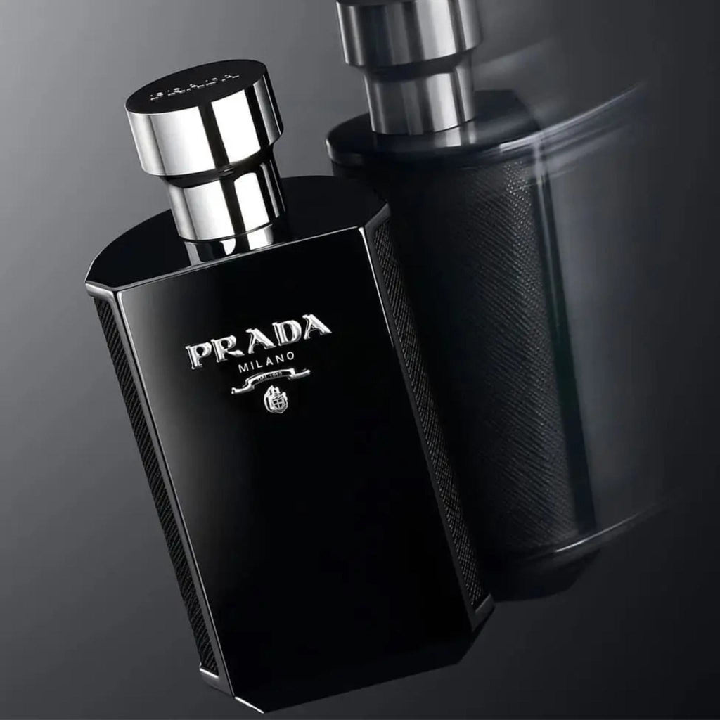 Refect Beauty Prada L'Homme Intense Eau de Parfum in a sleek black glass bottle with a silver cap