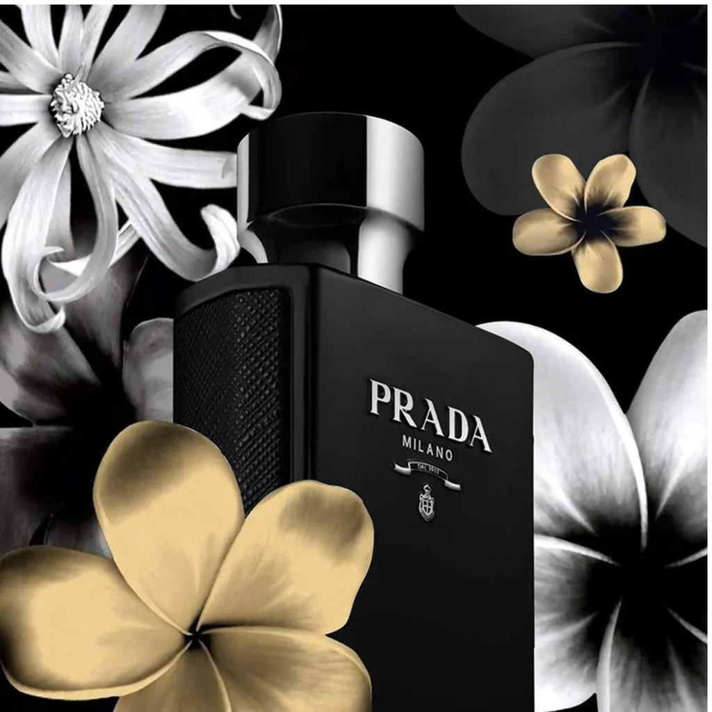Refect Beauty Prada L'Homme Intense Eau de Parfum bottle in matte black against a background of gold and white flowers
