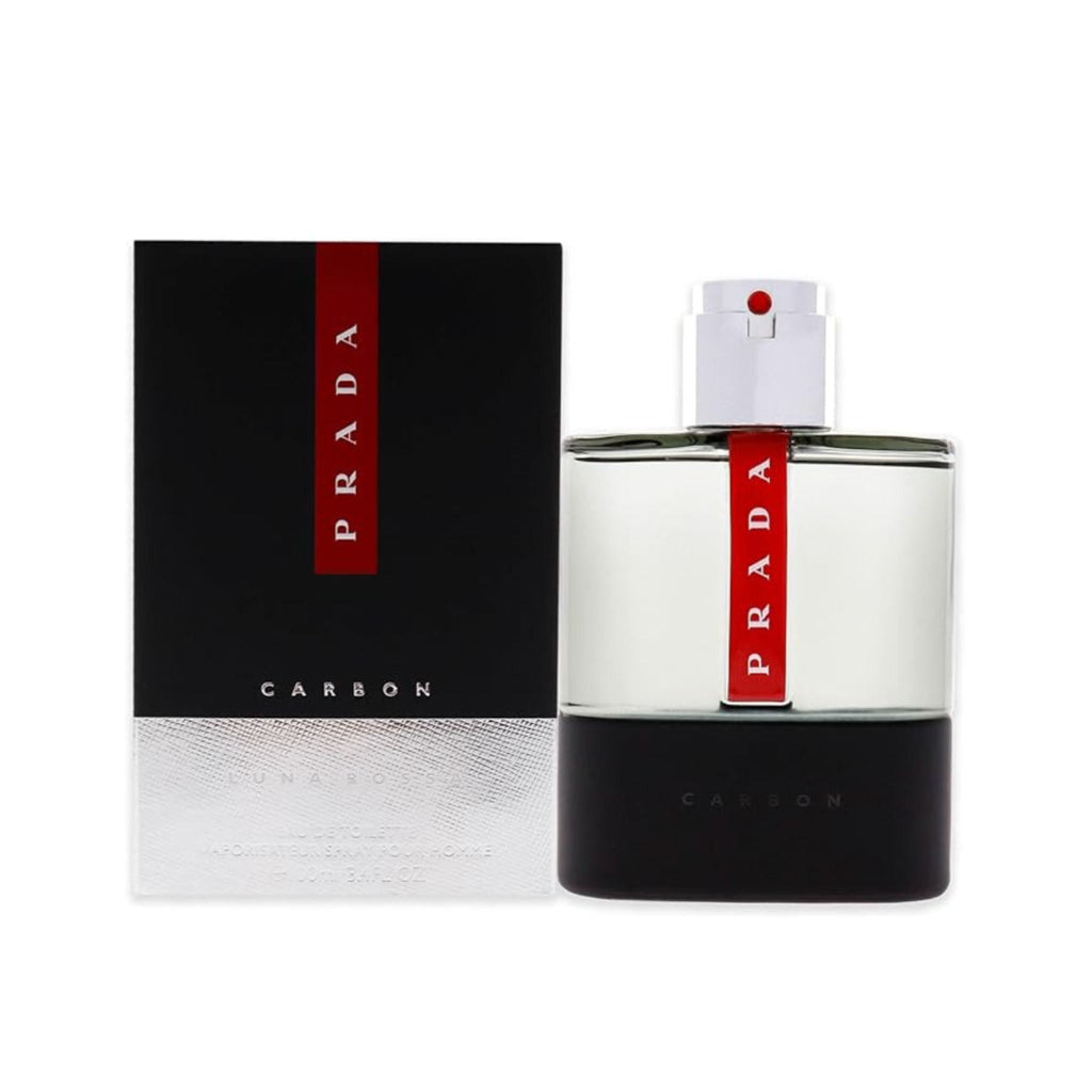 Refect Beauty Prada Luna Rossa Carbon Eau de Toilette bottle and black box featuring a signature red stripe design