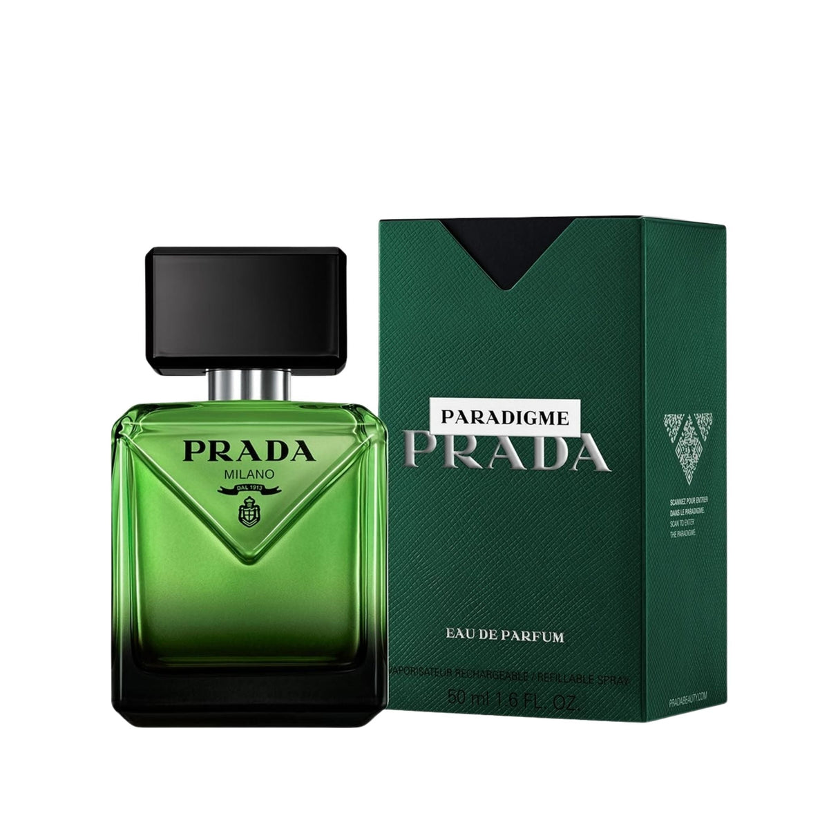 Refect Beauty Prada Paradigme Eau de Parfum for men in a green glass bottle with a matching green box.