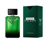 Refect Beauty Prada Paradigme Eau de Parfum bottle and green textured box featuring fresh woody-amber fragrance notes