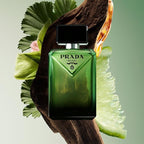 Refect Beauty Prada Paradigme Eau de Parfum bottle with green glass, bergamot, and wood accents on a soft background.