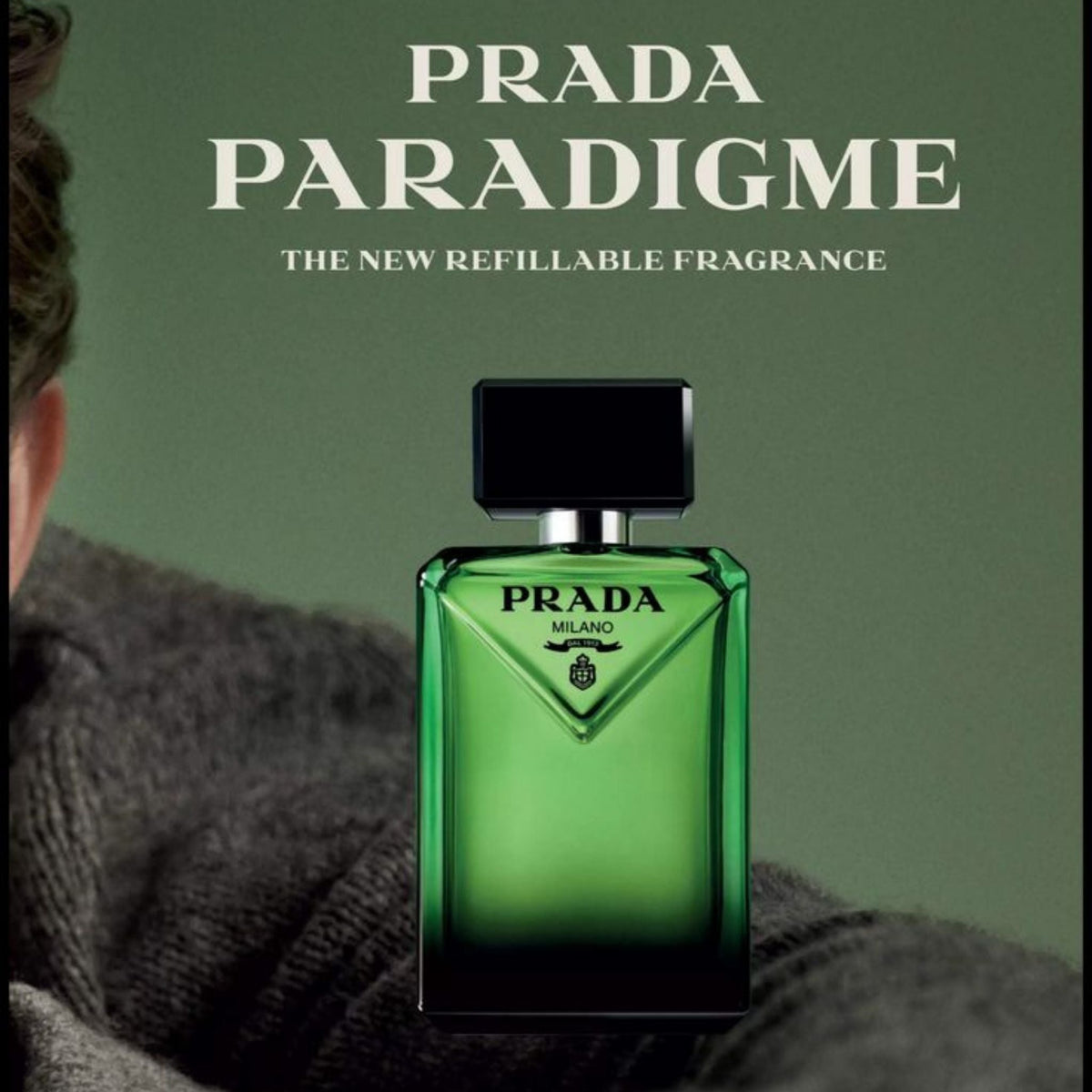 Refect Beauty Prada Paradigme refillable eau de parfum bottle in a green glass design with a black cap.