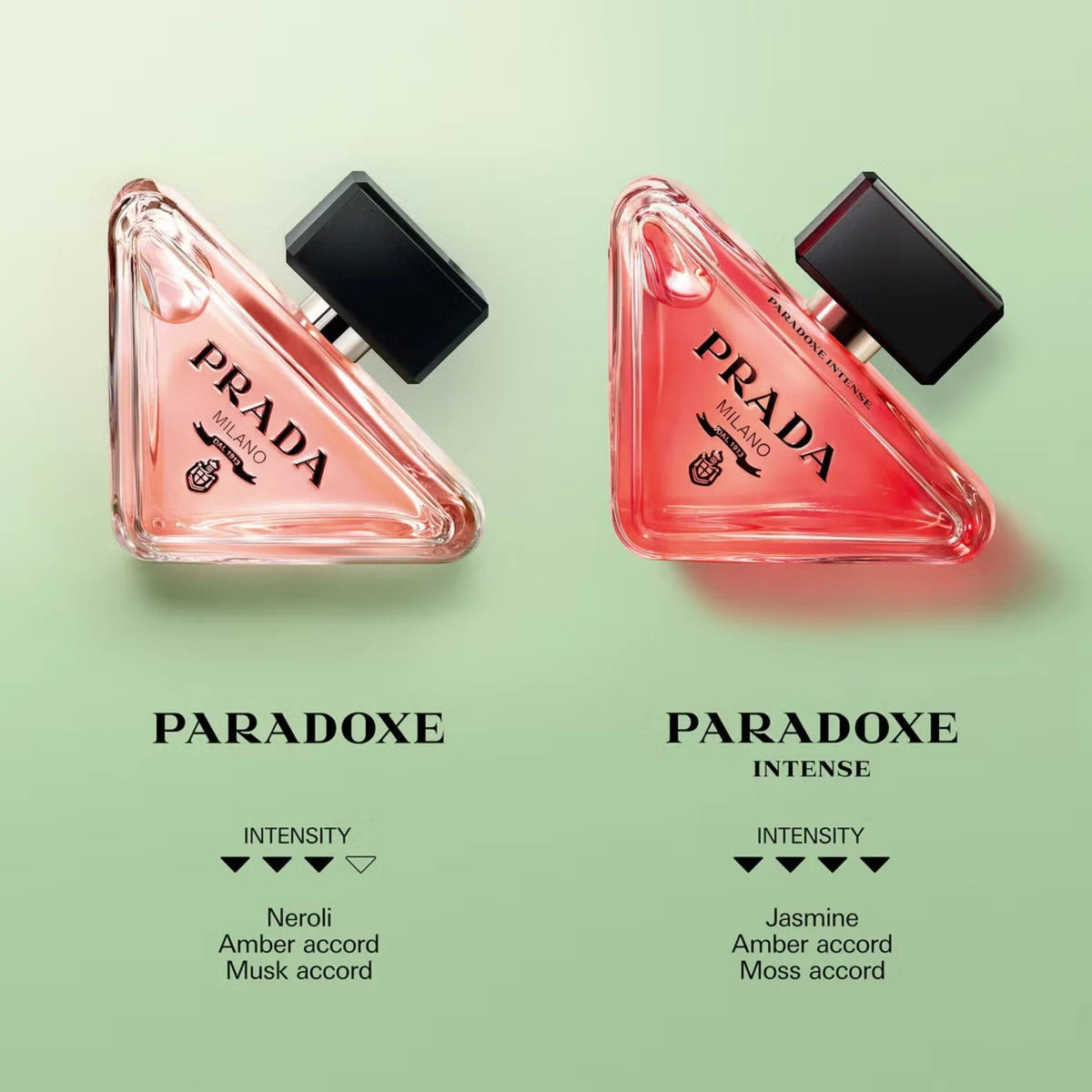 Refect Beauty Prada Paradoxe and Paradoxe Intense perfume bottles showing triangular glass design on green background