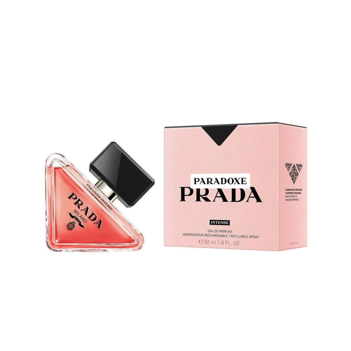 Refect Beauty Prada Paradoxe Intense Eau de Parfum in a triangular glass bottle next to its pink branded box. 50ml