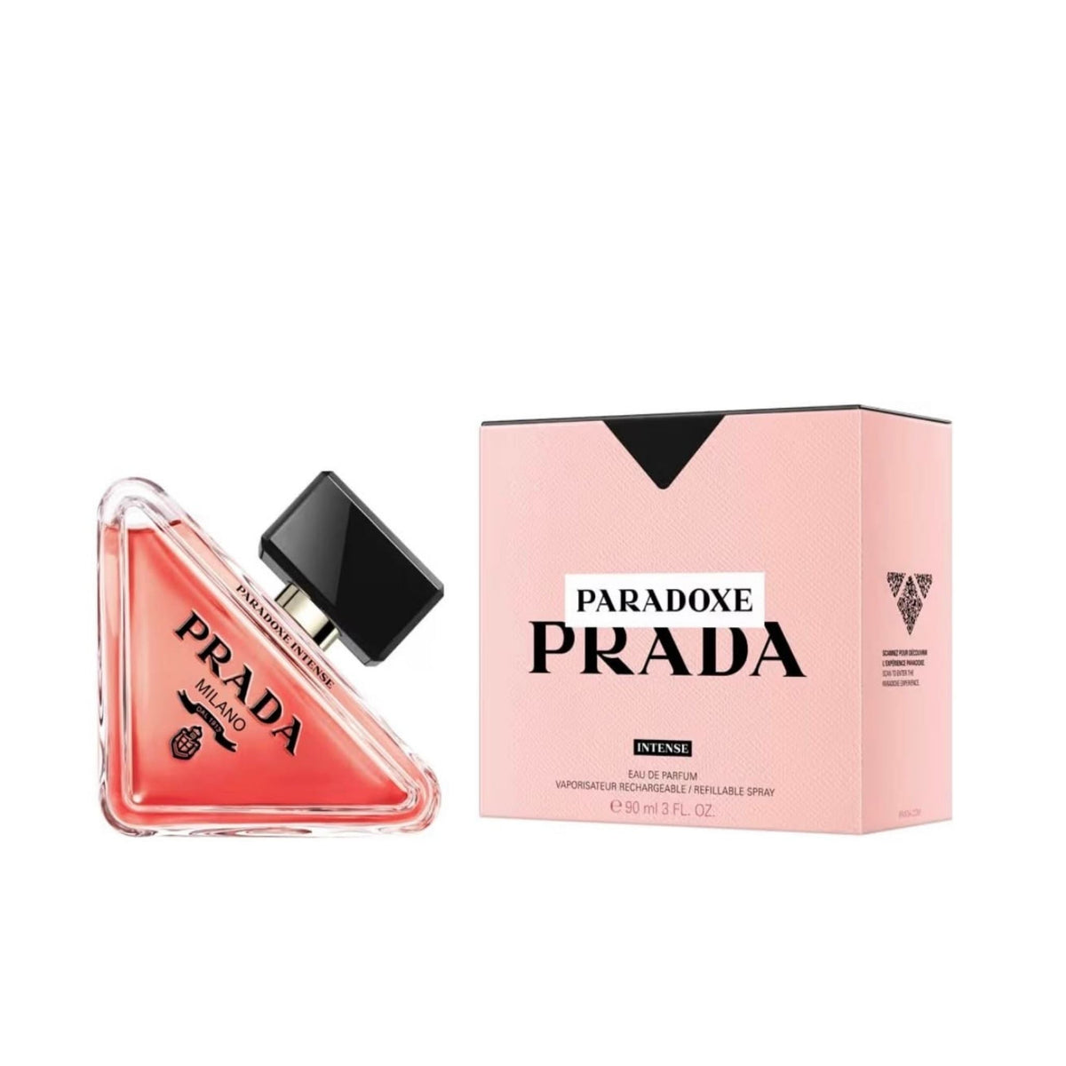 Refect Beauty Prada Paradoxe Intense Eau de Parfum bottle and pink box packaging featuring a unique triangular design. 90ml