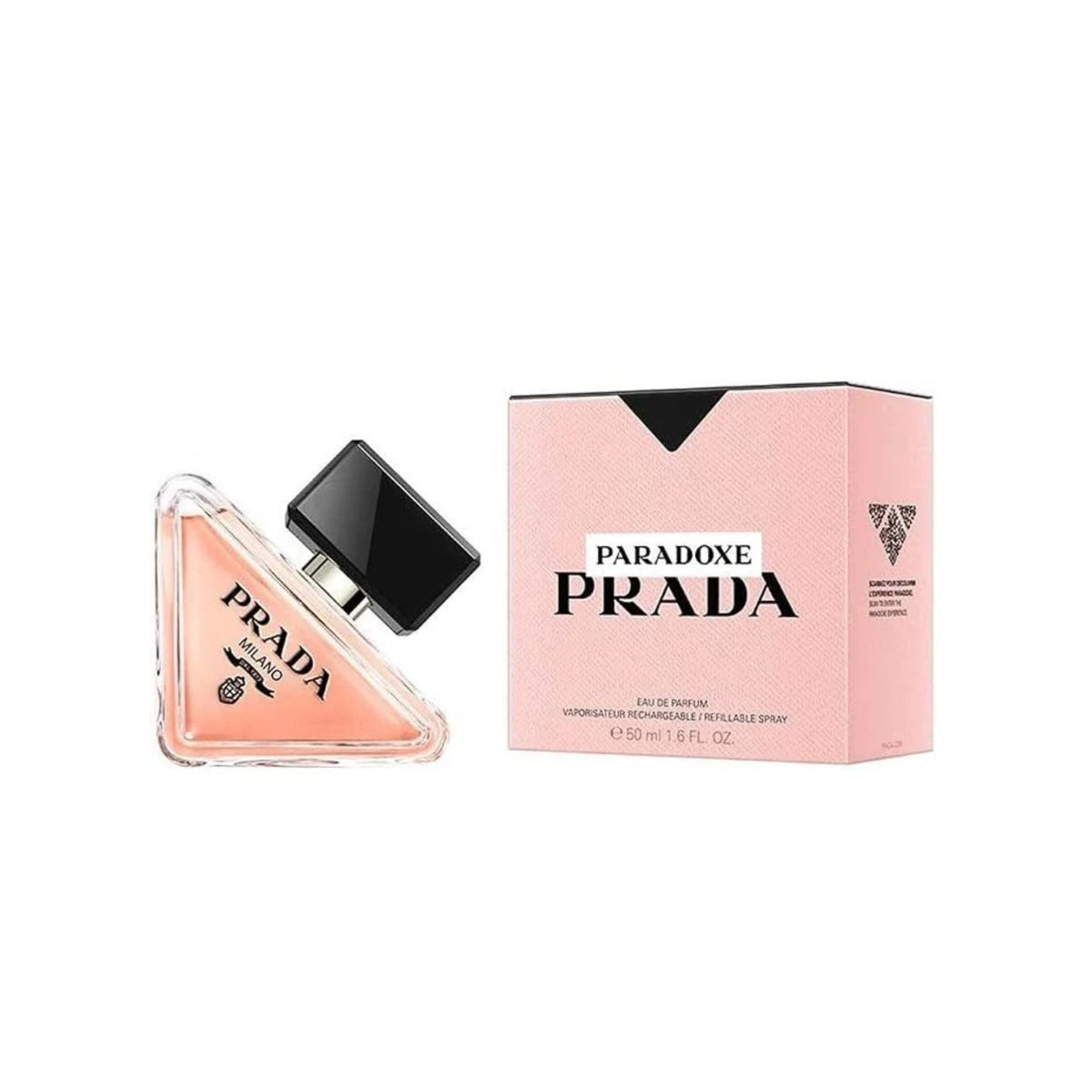 Refect Beauty Prada Paradoxe Eau de Parfum bottle and pink box packaging featuring a unique triangular glass design.