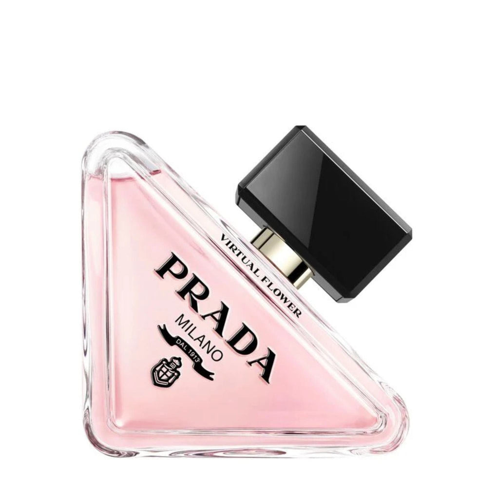 Refect Beauty Prada Paradoxe Virtual Flower eau de parfum in a triangular pink glass bottle with a black cap.