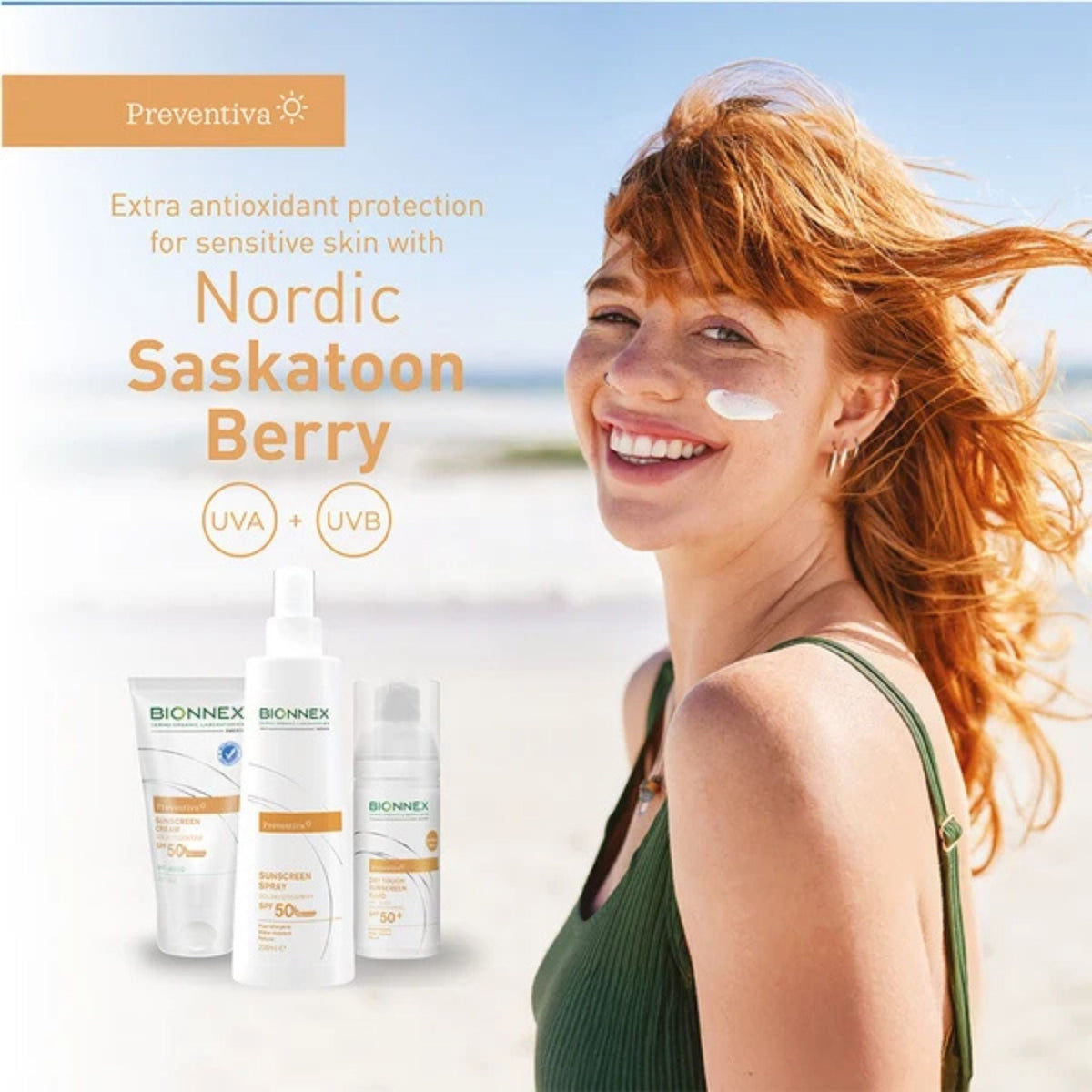 Refect Beauty PREVENTIVA SPF 50+ sunscreen spray bottles next to a smiling woman on a sunny beach