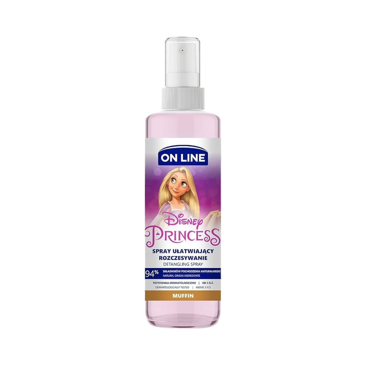 Refect Beauty On Line Princess Muffin detangling spray for kids in a clear bottle with a pink liquid formula.