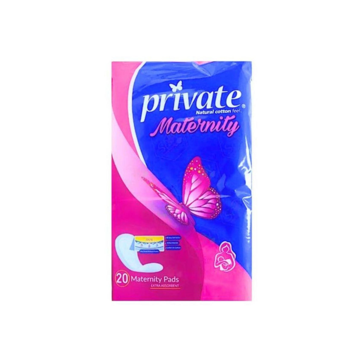 Refect Beauty Private maternity pads in blue and pink packaging with a butterfly design, 20 count pack.
