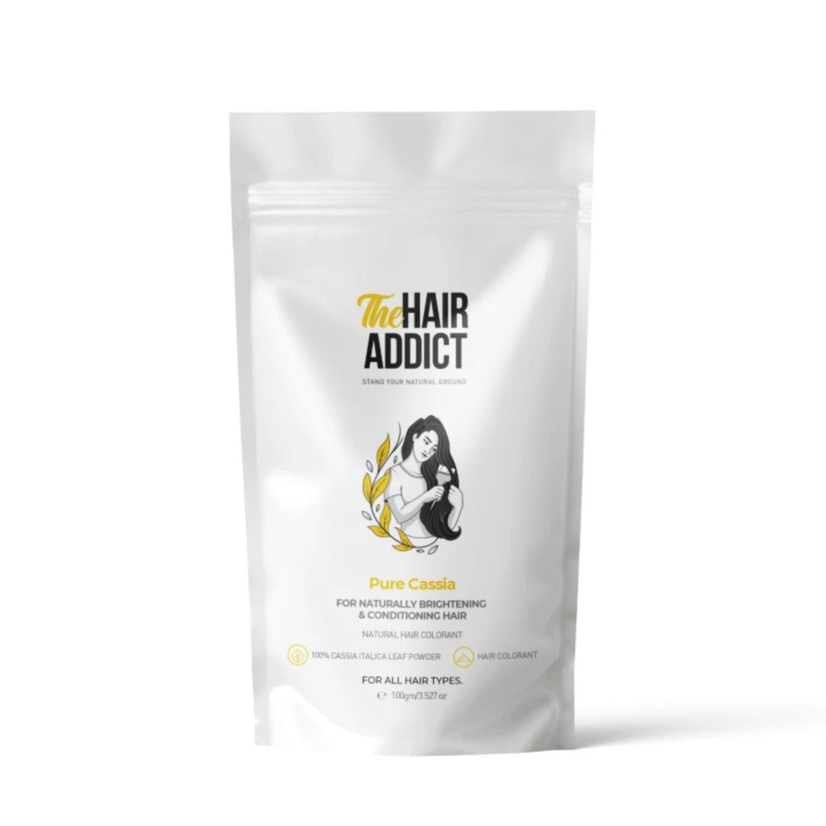 Refect Beauty Hair Addict Pure Cassia hair treatment powder in a white resealable pouch for conditioning and shine.