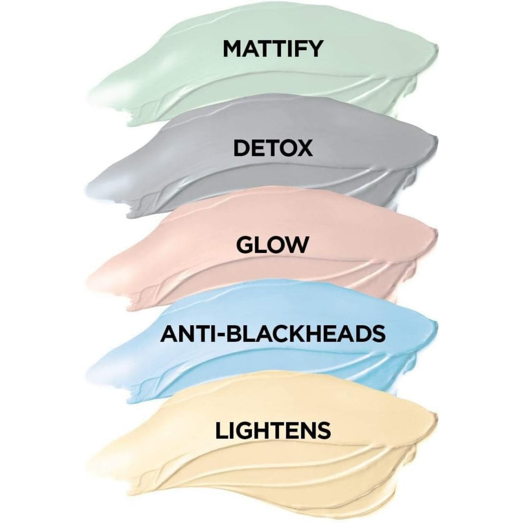 Refect Beauty L'oreal Paris Pure Clay mask swatches showing five different coloured clay textures and benefits