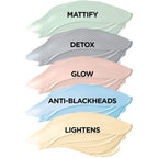 Refect Beauty L'oreal Paris Pure Clay mask swatches showing five different coloured clay textures and benefits