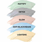 Refect Beauty L'oreal Paris Pure Clay mask swatches in green, grey, pink, blue, and yellow with benefit labels.