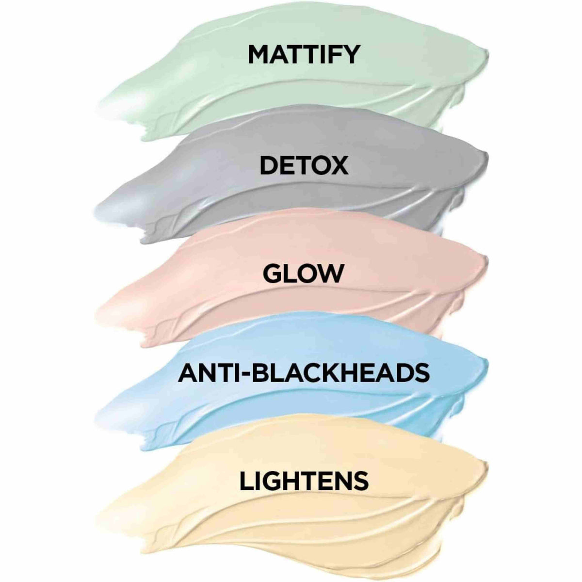Refect Beauty L'oreal Paris Pure Clay mask swatches in green, grey, pink, blue, and yellow with benefit labels.