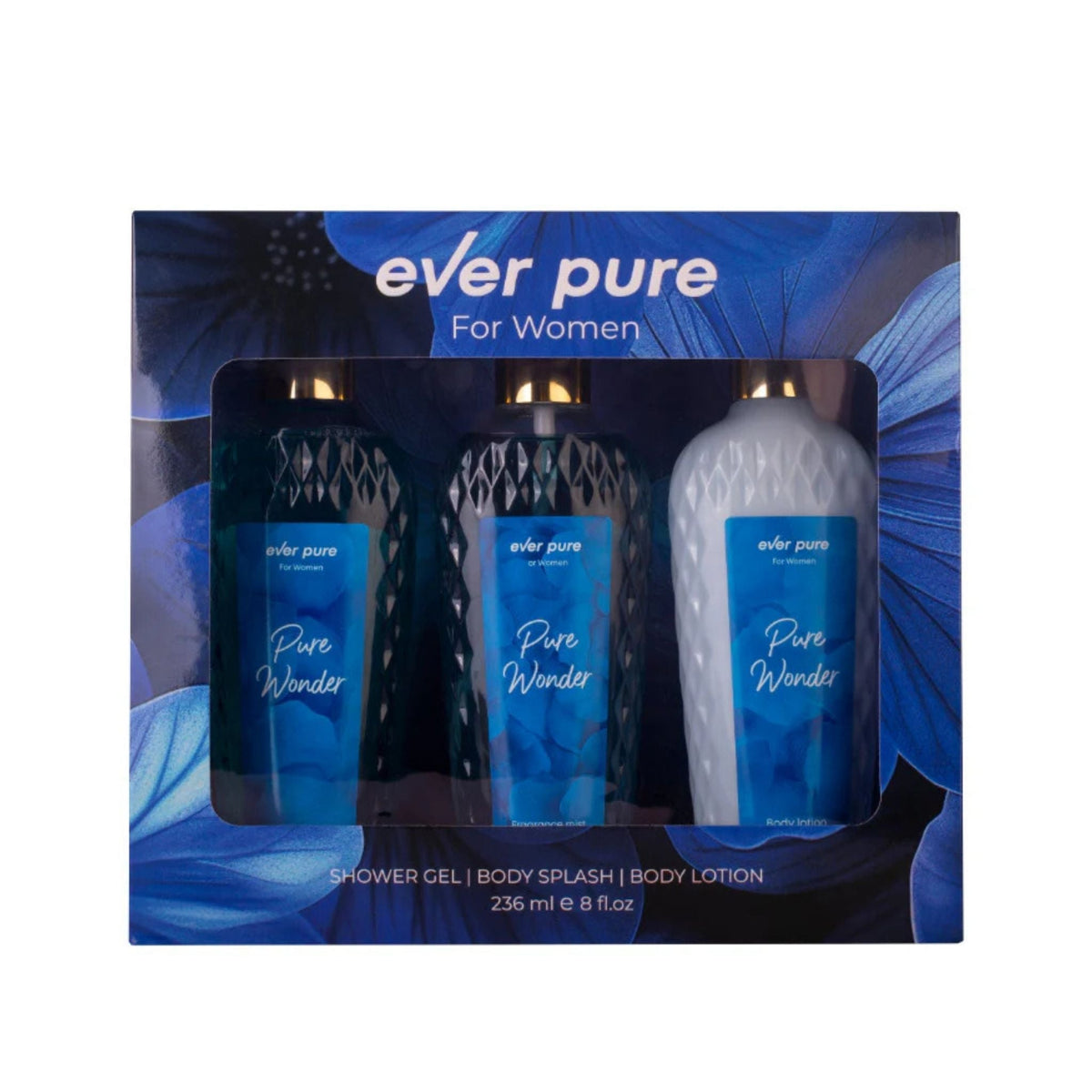 Refect Beauty Ever Pure Pure Wonder gift set featuring shower gel, body splash, and body lotion in blue packaging.