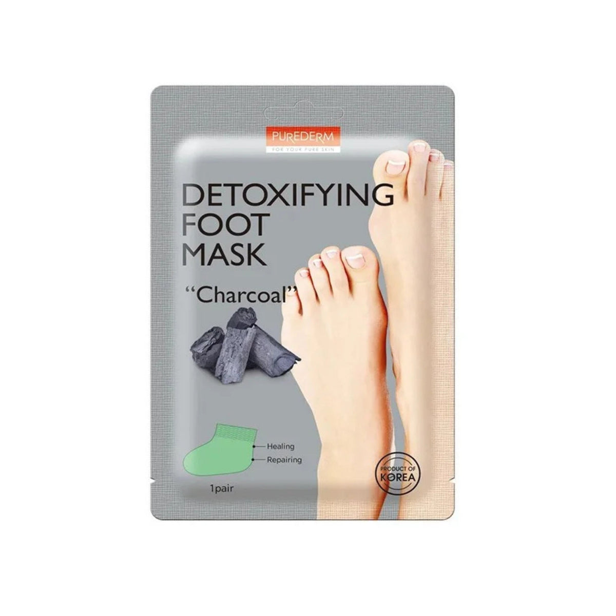 Refect Beauty Purederm Charcoal Detoxifying Foot Mask packet for spa-quality foot care and skin hydration
