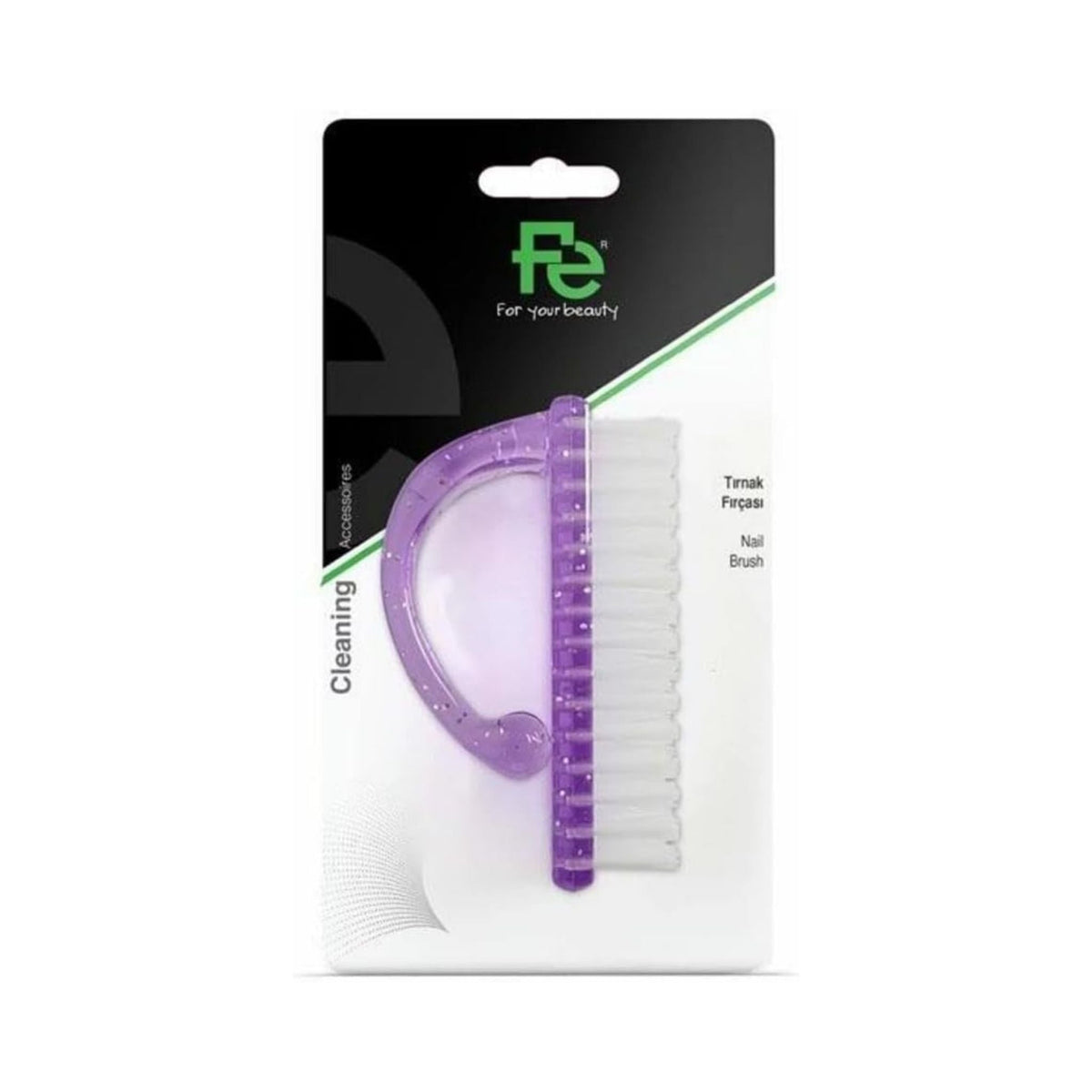 Refect Beauty Fe Nail Brush with a purple glitter plastic handle and firm white synthetic bristles in packaging