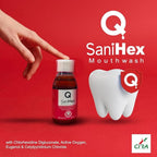 Refect Beauty Q SaniHex antiseptic mouthwash bottle with a 3D tooth icon on a vibrant red background