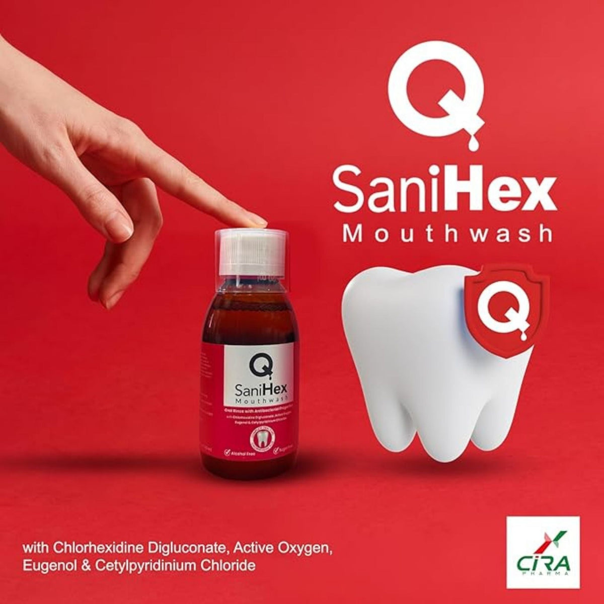 Refect Beauty Q SaniHex antiseptic mouthwash bottle with a 3D tooth icon on a vibrant red background