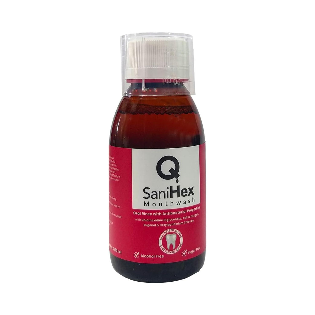 Refect Beauty Q SaniHex antiseptic mouthwash bottle with a red label and clear cap for oral hygiene care.