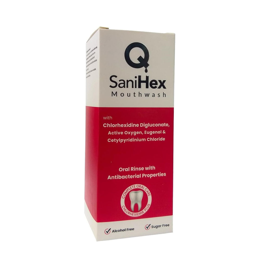 Refect Beauty Q SaniHex antiseptic mouthwash bottle with chlorhexidine for oral hygiene and gum health.