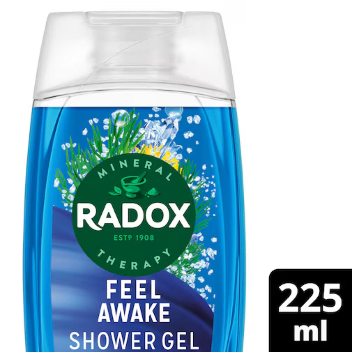 Refect Beauty Radox Feel Awake 2-in-1 shower gel and hair wash in a blue bottle with mineral and herbal scent design