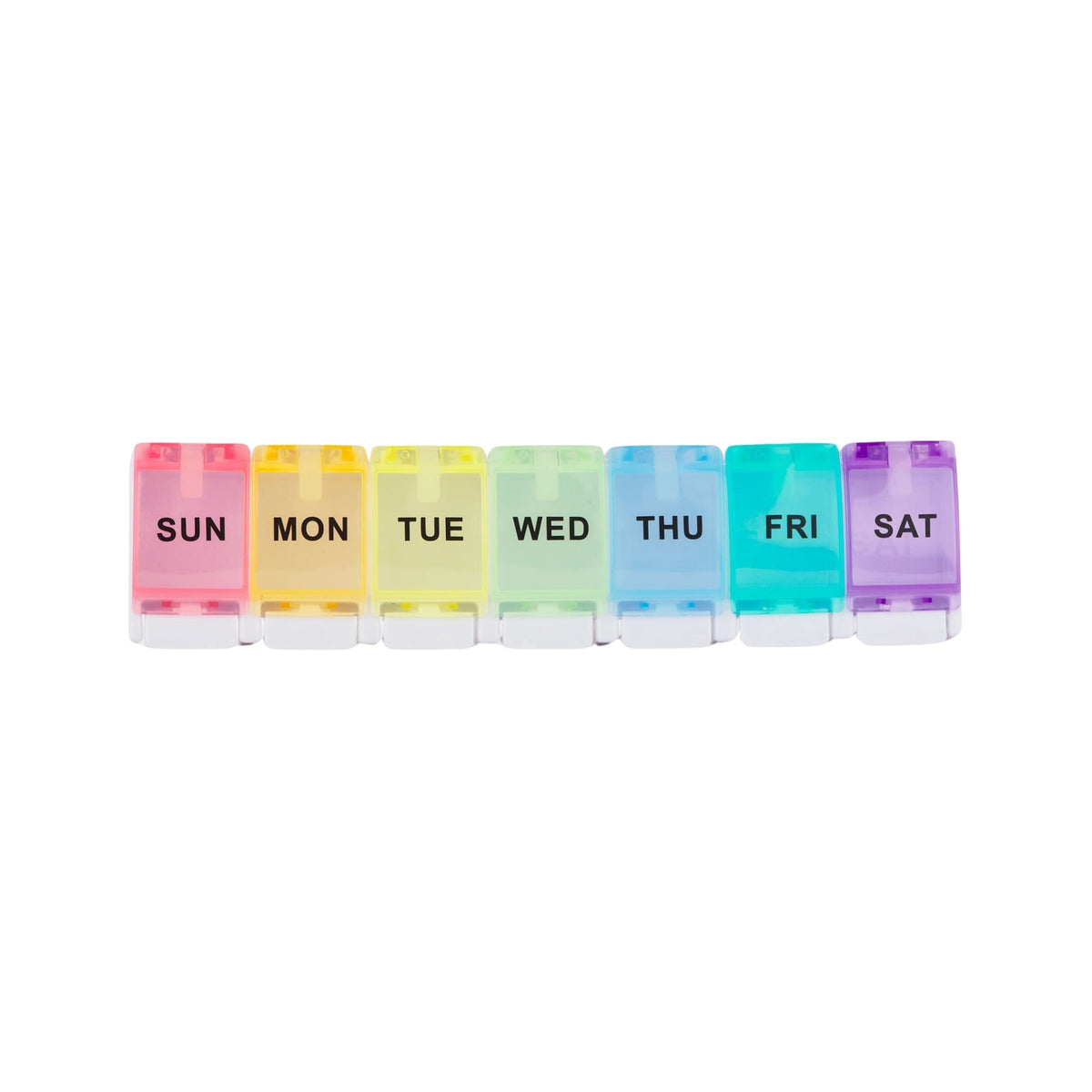 Refect Beauty 7-day pill organizer with colorful translucent compartments and easy-push locking buttons for daily use.