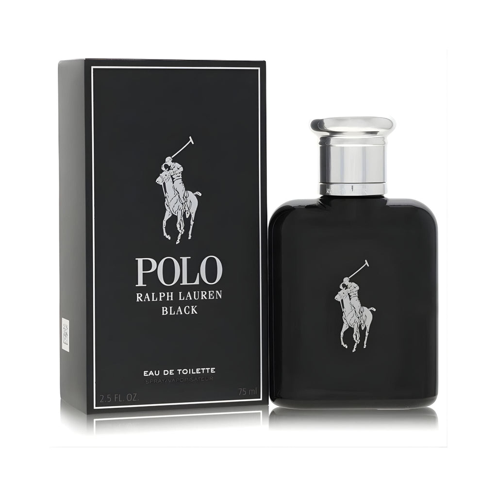 Refect Beauty Ralph Lauren Polo Black Eau de Toilette bottle and box featuring a sleek black design with silver logo