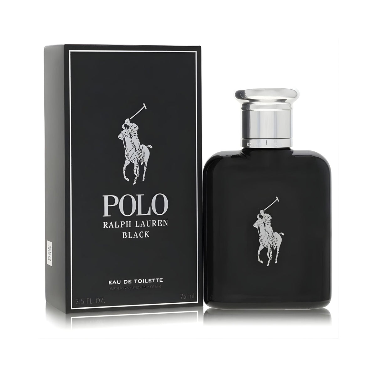 Refect Beauty Ralph Lauren Polo Black Eau de Toilette bottle and box featuring a sleek black design with silver logo