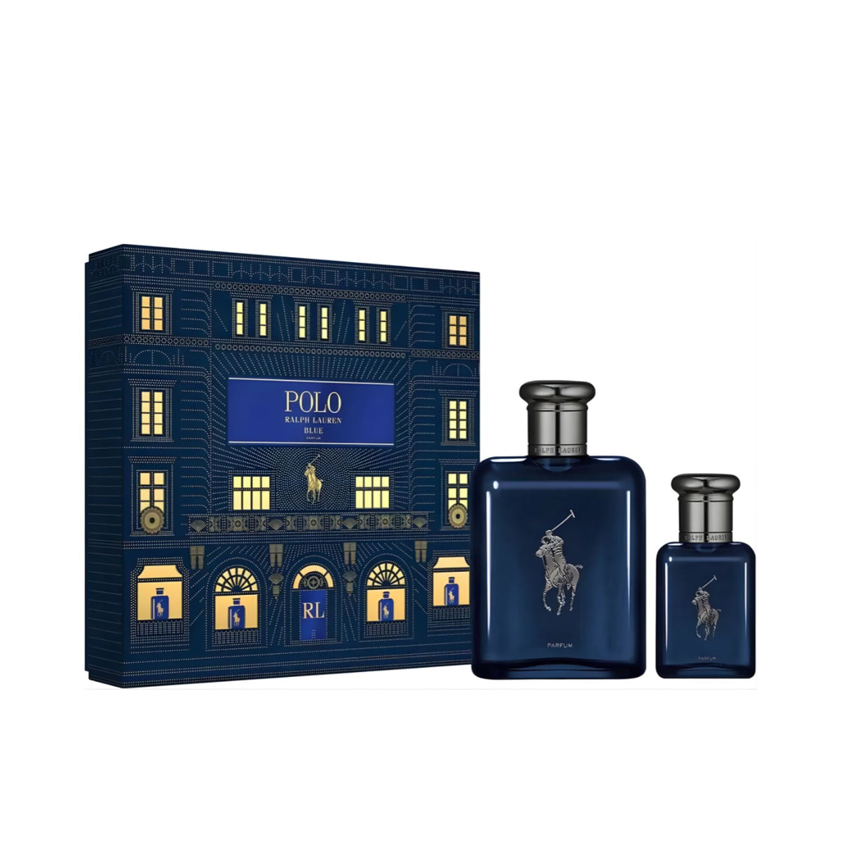 Refect Beauty Ralph Lauren Polo Blue Parfum gift set featuring a full-size and mini fragrance bottle in a blue box.