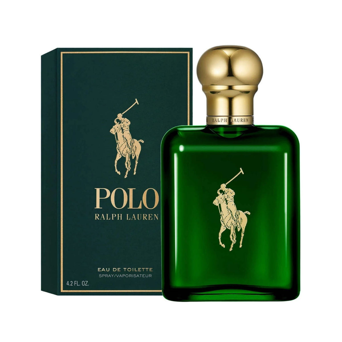 Refect Beauty Ralph Lauren Polo Eau de Toilette green glass bottle with gold cap and iconic polo player logo