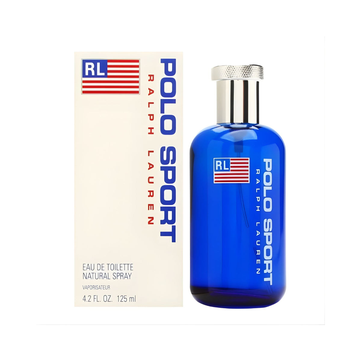 Refect Beauty Ralph Lauren Polo Sport Eau de Toilette in a vibrant blue glass bottle with its matching white box.