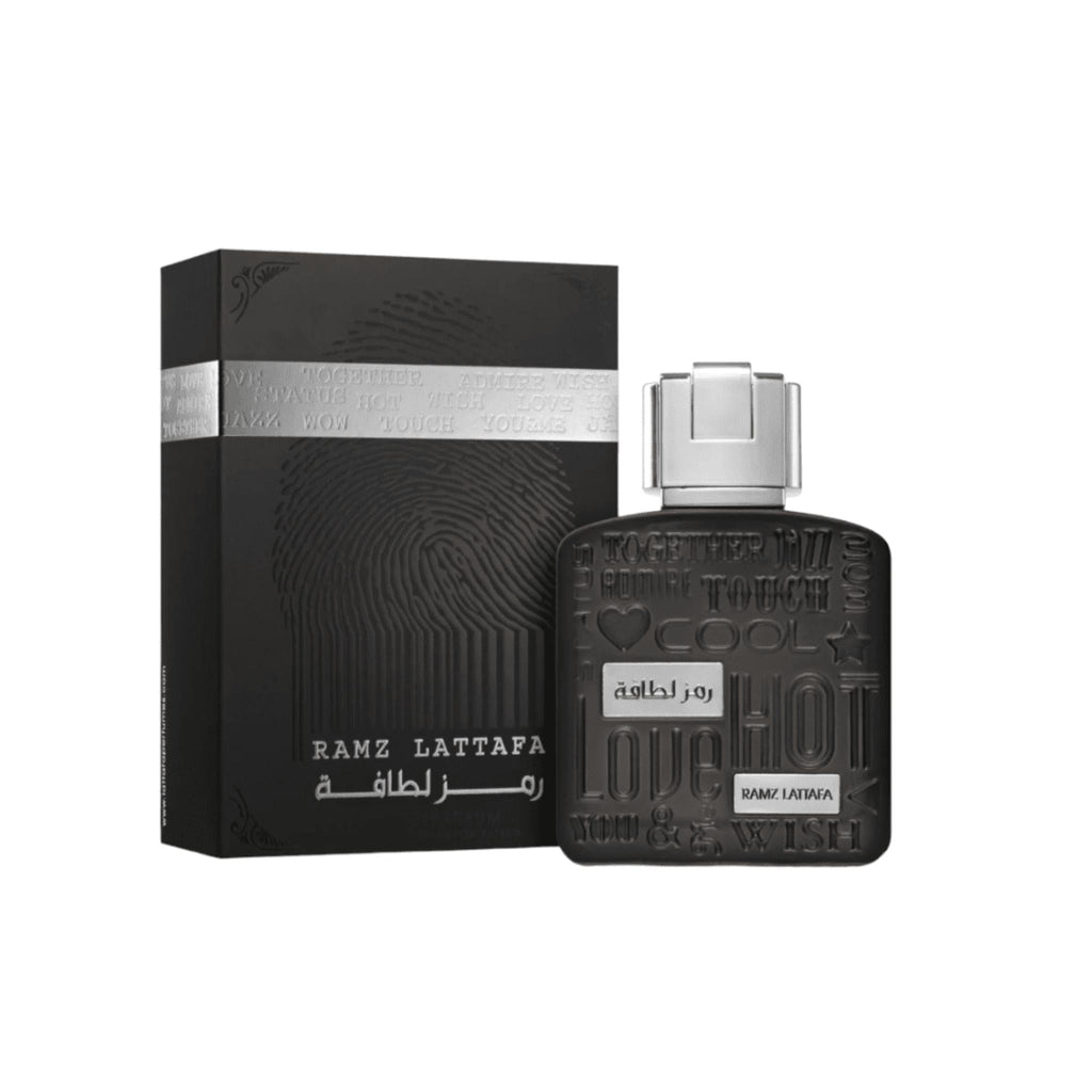 Refect Beauty Lattafa Ramz Silver Eau de Parfum bottle and black embossed gift box for men