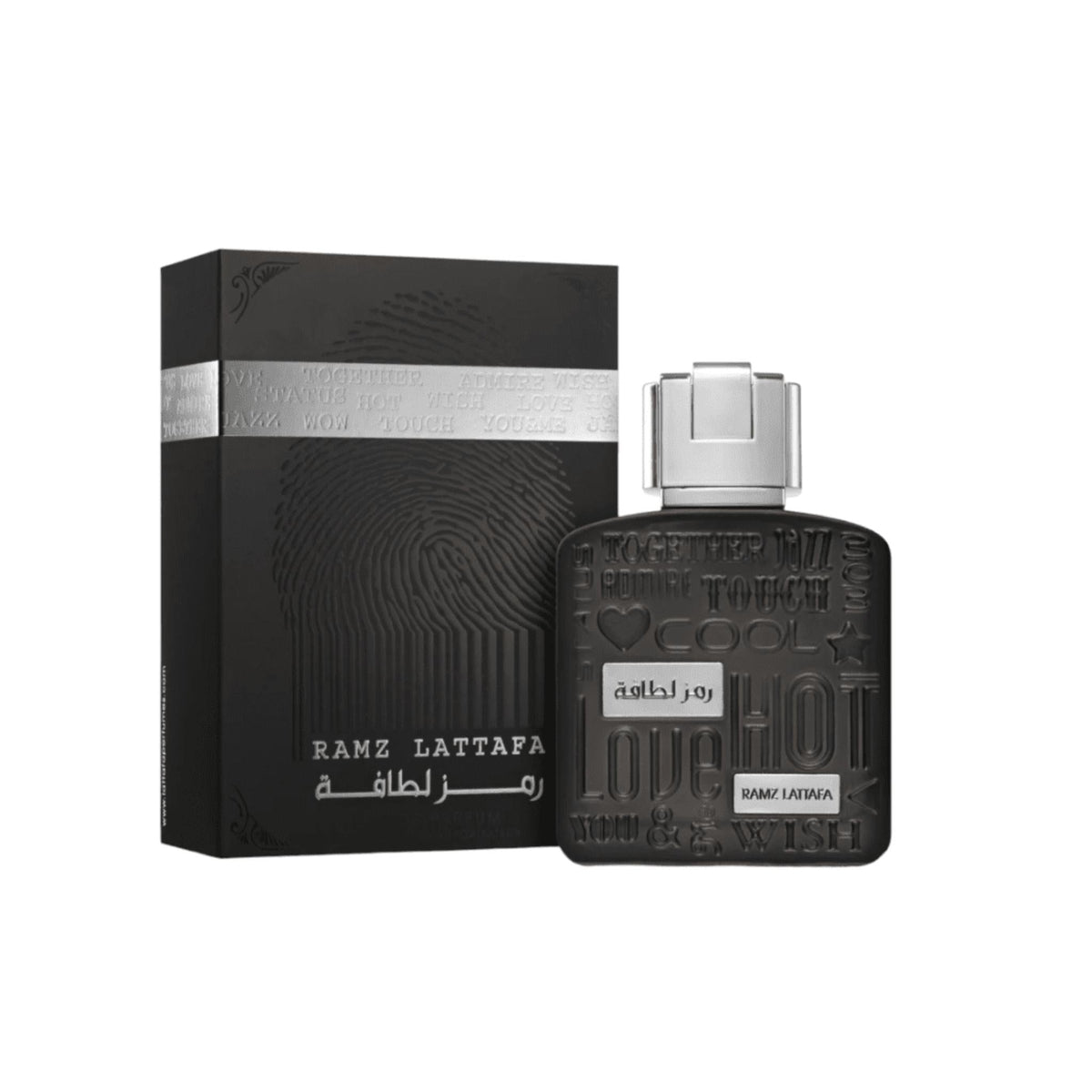 Refect Beauty Lattafa Ramz Silver Eau de Parfum bottle and black embossed gift box for men
