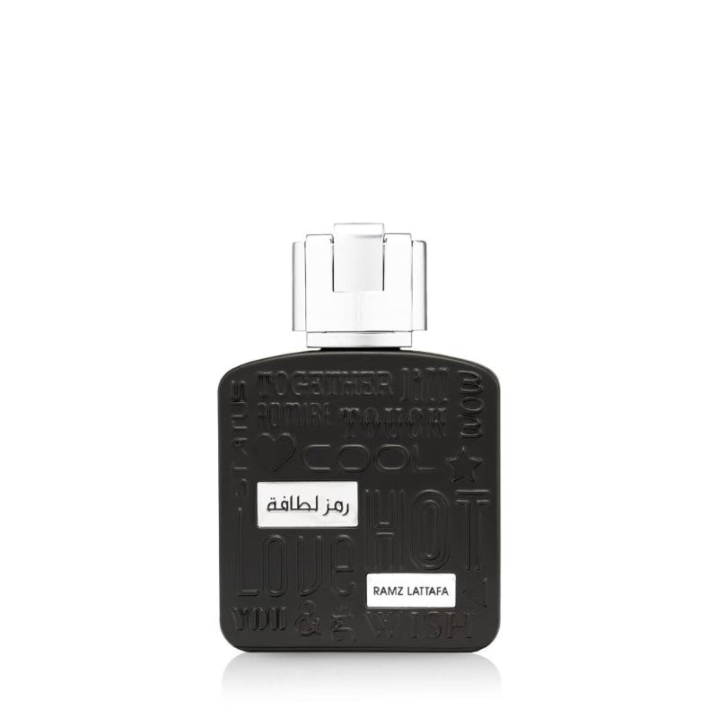Refect Beauty Lattafa Ramz Silver eau de parfum in a black square bottle with embossed text and clear cap