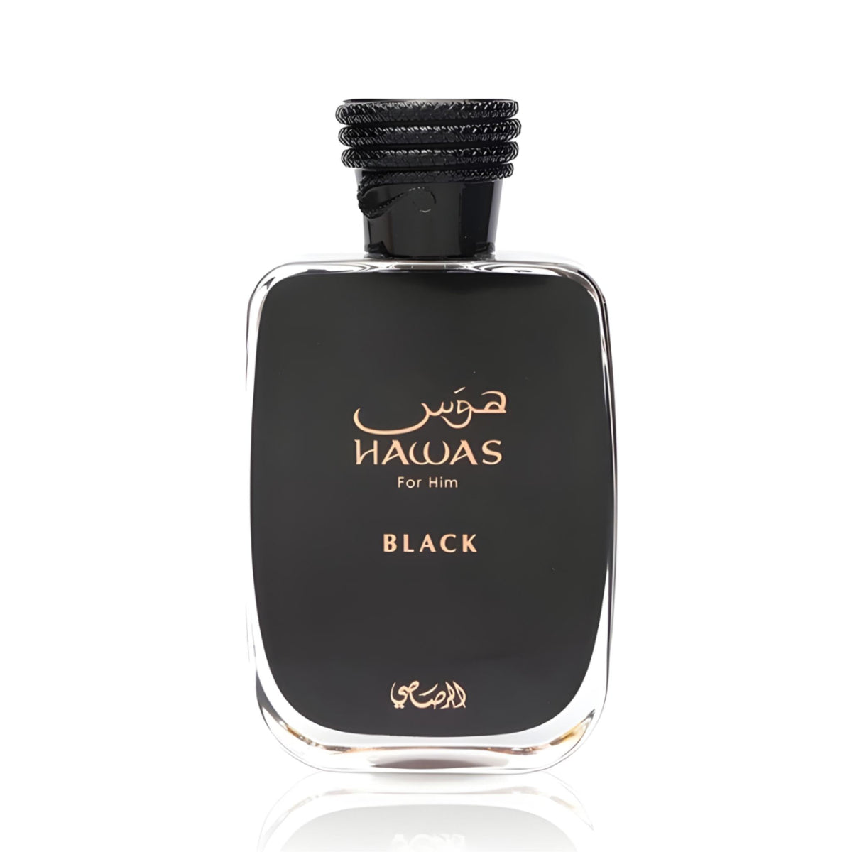 Refect Beauty Rasasi Hawas Black eau de parfum in a sleek black glass bottle with a textured cap for men
