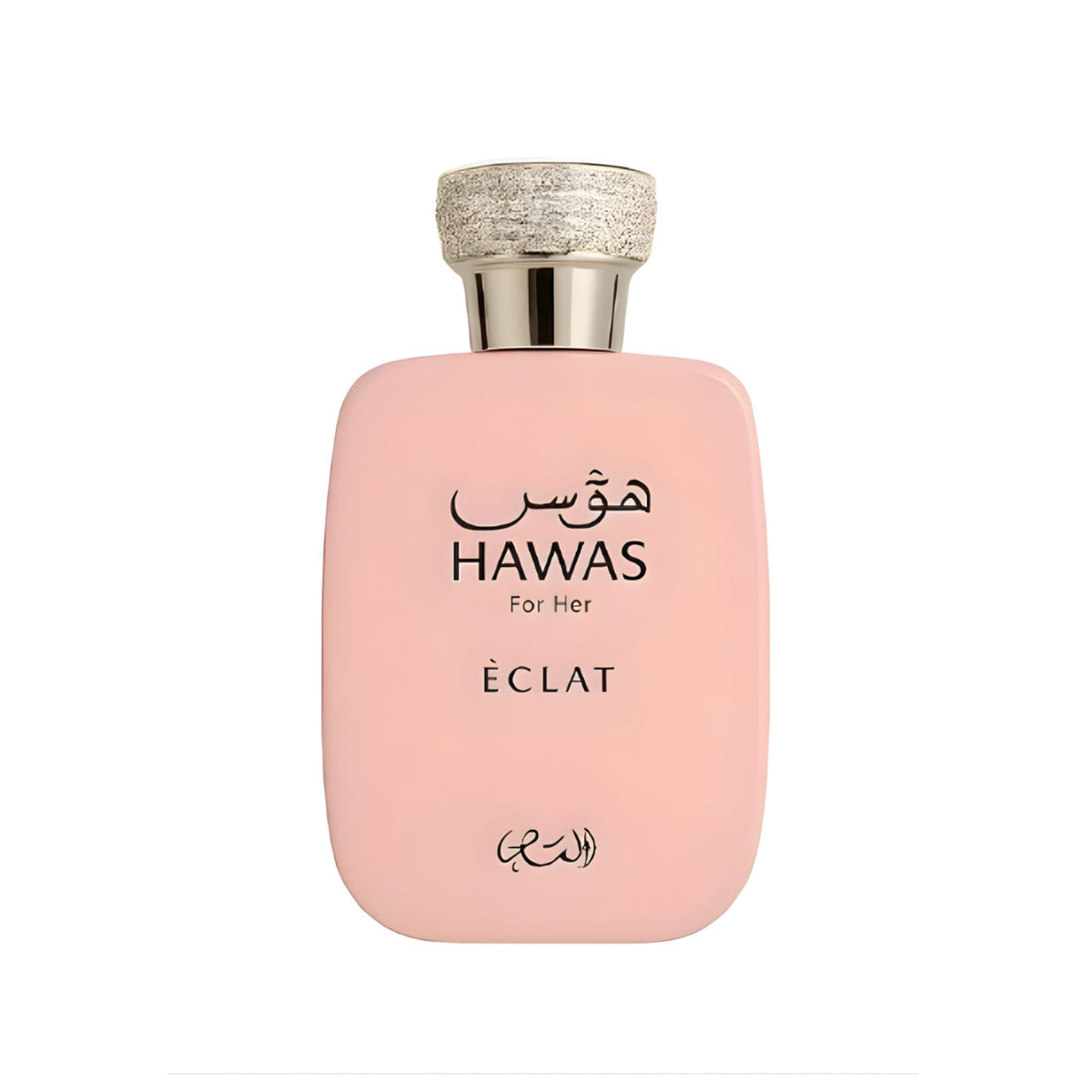 Refect Beauty Rasasi Hawas Eclat for Her eau de parfum in a soft pink bottle with a textured metallic cap