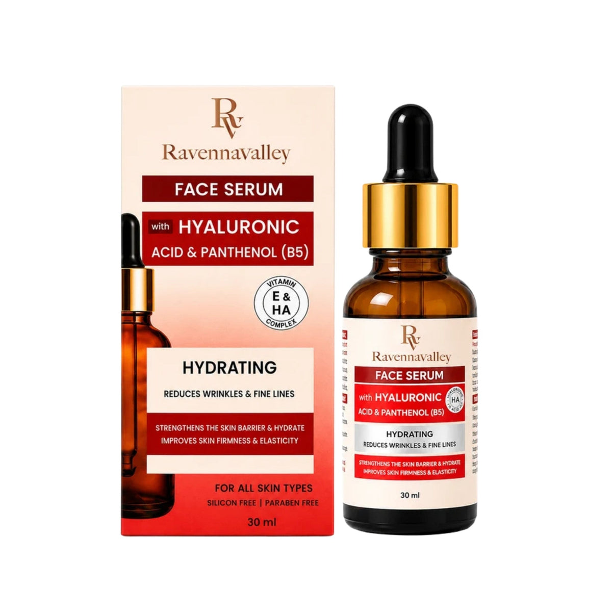 Refect Beauty Ravenna Valley hydrating face serum with hyaluronic acid and panthenol in a glass dropper bottle and box